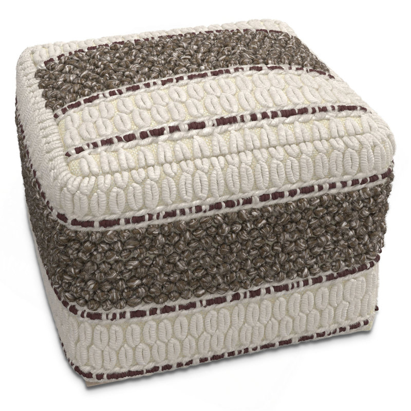 18 inch Wide Square Pouf in Handloom Wool and Cotton, Dark Brown