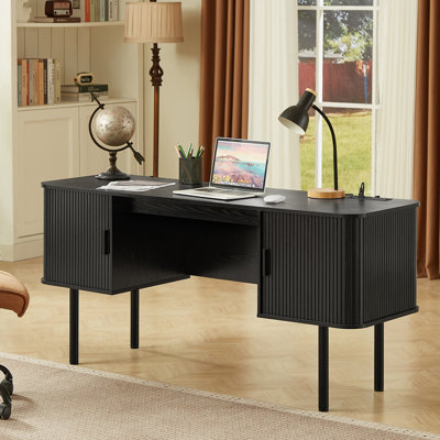 Bureau d'ordinateur de 55 po avec 2 armoires de rangement, bureau de direction Mid-Century avec station de charge, grand bureau moderne avec pieds en métal réglables