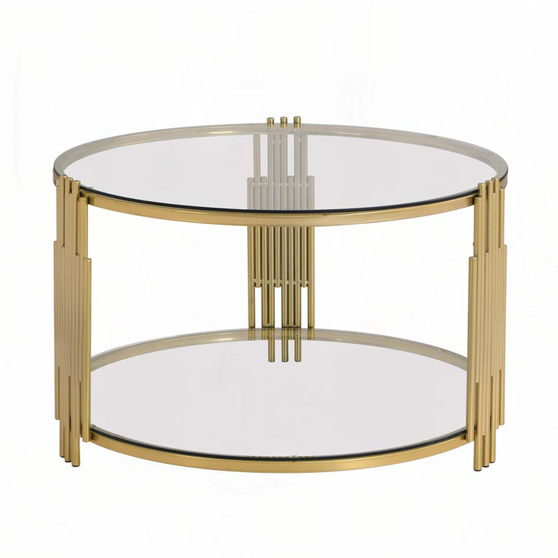 Modern Mirror Coffee Table, Asymmetrical Metal, Circular Metal Drum Base,Lower Shelf, Transparent