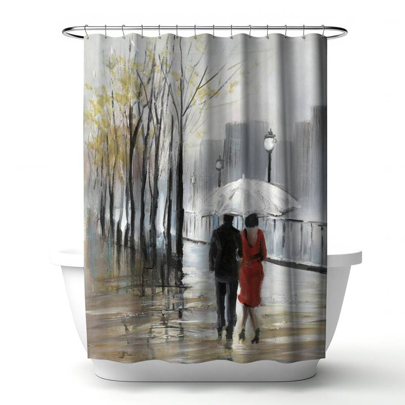 Contemporary – Couple Walking Under Rain Scene – Polyester Shower Curtain, Dye Sublimation Print, 71" W × 74" L