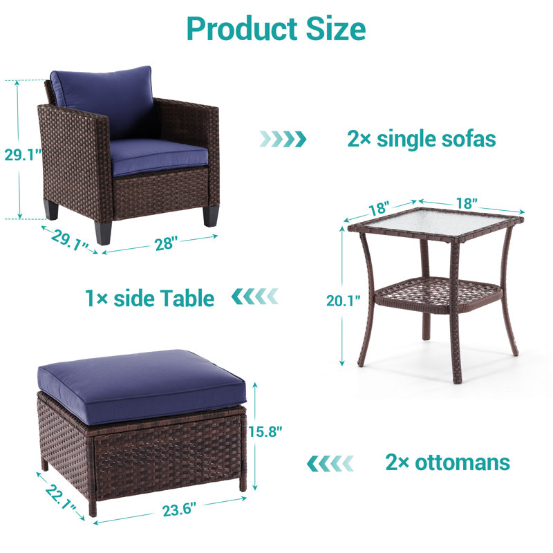 Henrica 5 Piece PE Rattan Furniture Set with Side Table, Patio Chair with Washable Cushion, Brown, Navy Blue