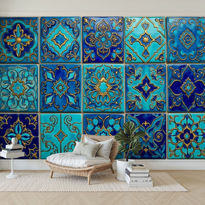 Peel and Stick Wallpaper 144" W x 100" H Modern Self Adhesive Wall Mural for Bedroom Intricate Blue Gold Moroccan Tile Design