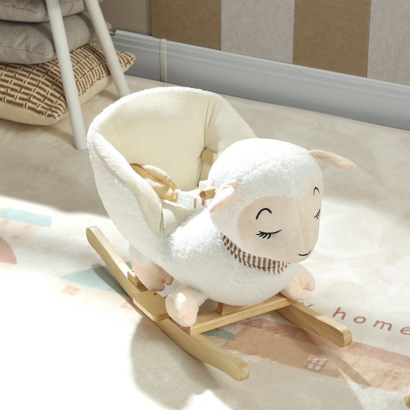 Sheep Baby Rocking Horse, Plush Stuffed Animal Rocker with Lullaby Song and Safety Belt, Kids Ride on Rocking Horse for Toddlers 18–36 Months, White,wood