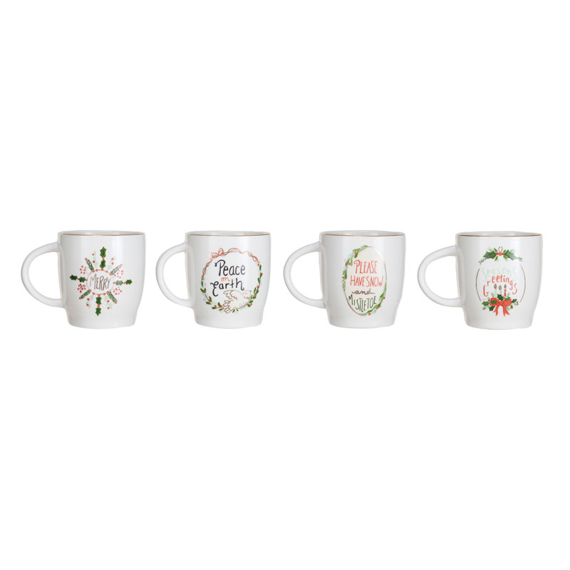 Round Hand-Painted Stoneware Mug With 4 Various Holiday Sayings