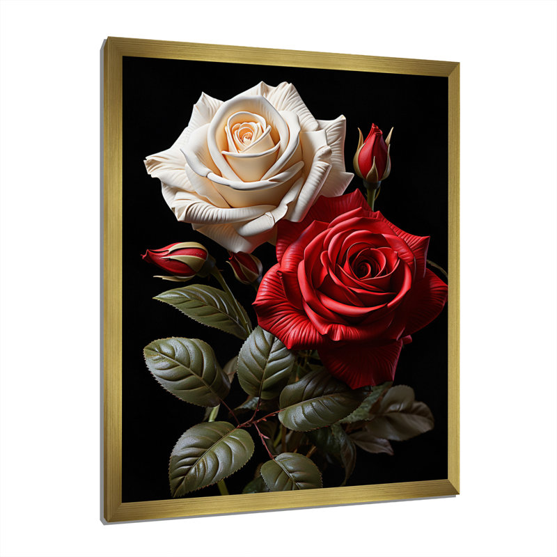 Claria - blanc, rose rouge, éternel amour - impression, Encadrement doré, H 32 po x l 24 po x P 1 po