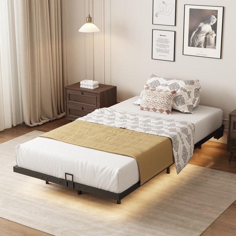 Floating Bed Frame with LED Lights Metal Slats Underbed Storage Space No Box Spring, Twin