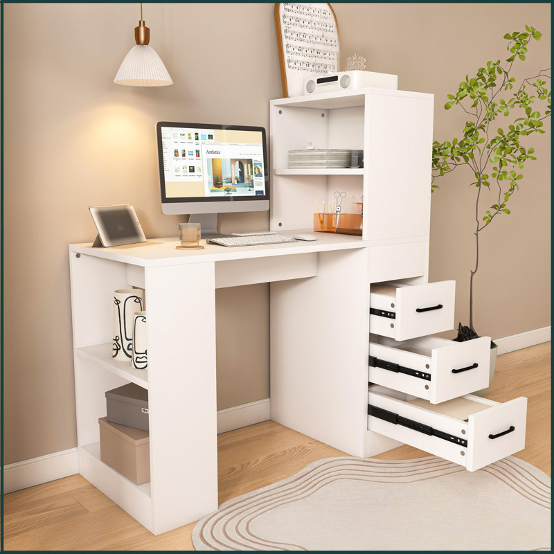 Computer Desk, Modern Office Desk With 3 Drawers, 4 Open Storage Shelves And 4-in-1 Power Outlets, Study Writing Desk, Home Office Desk With Hutch For Study