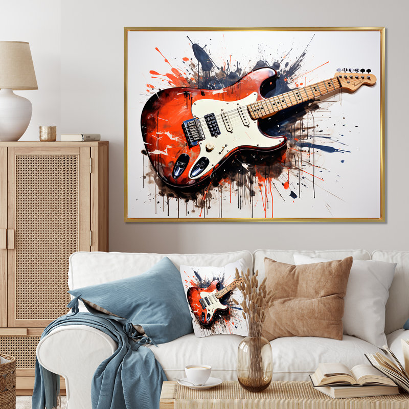 «Red Fluid Brown», guitare, art mural, Cadre flottant doré, H 30 po x l 40 po x P 1,5 po
