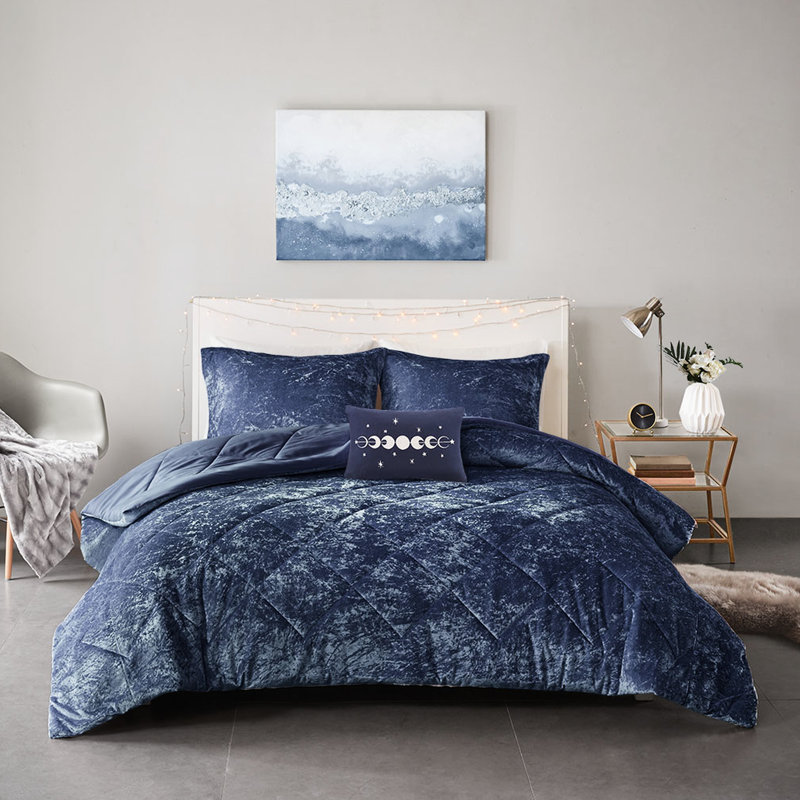 Édredon en velours bleu marine et coussin décoratif pour lit simple / simple TG, Marine