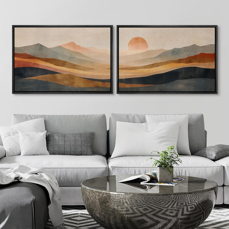 «Earthen Hues Abstract Sun Mountain Rustic» 2 pièces, H 16 po x l 24 po, Cadre noir