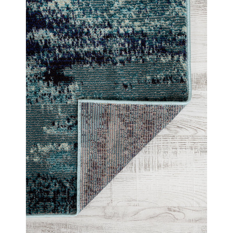 Tapis bleu à motif abstrait Rizer, Tapis de couloir 2 pi 7 po x 12 pi