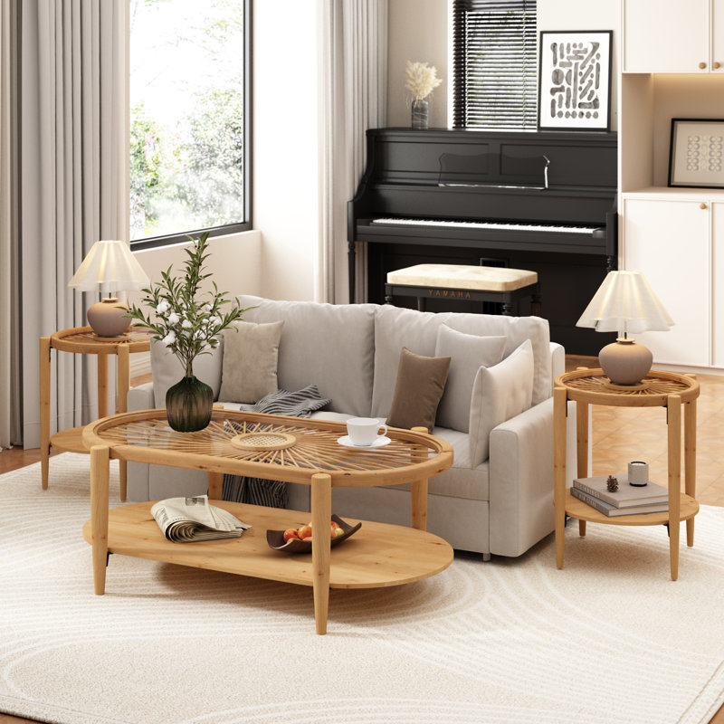 Cordoves 3 - Piece Living Room Table Set Solid Wood Frame Rattan Coffee Table with 2 Side Table