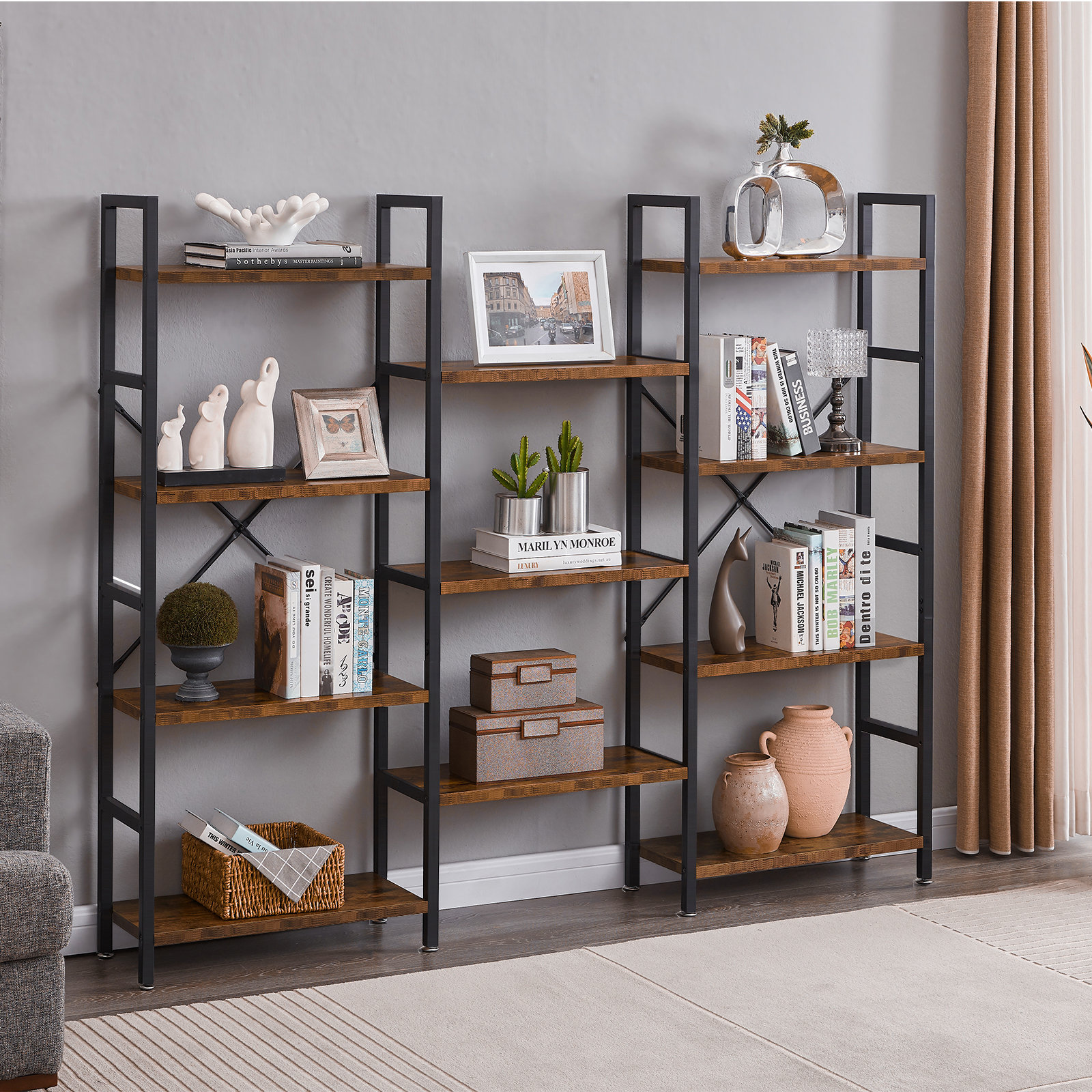 Latitude Run® Mcauther Triple Etagere 4 Tier Bookcase with 11 Open Display Shelves, Wide Book Shelf Book Case for Home & Office... 