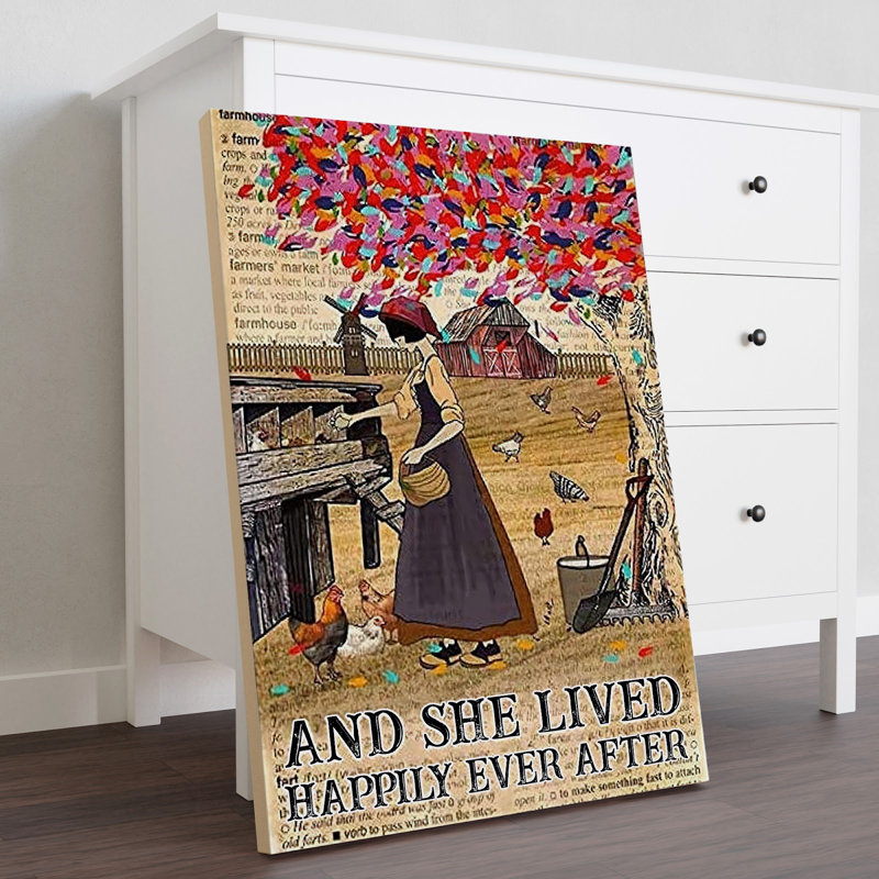 «She Lived Happily Ever After On The Farm», toile tendue avec châssis - pour fille, décoration brune et rouge