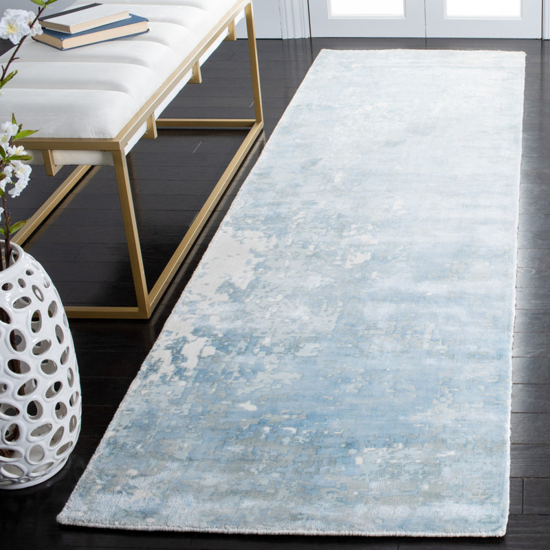 Tapis turquoise / blanc / gris noué à la main Ely, Tapis de couloir 2 pi 6 po x 9 pi