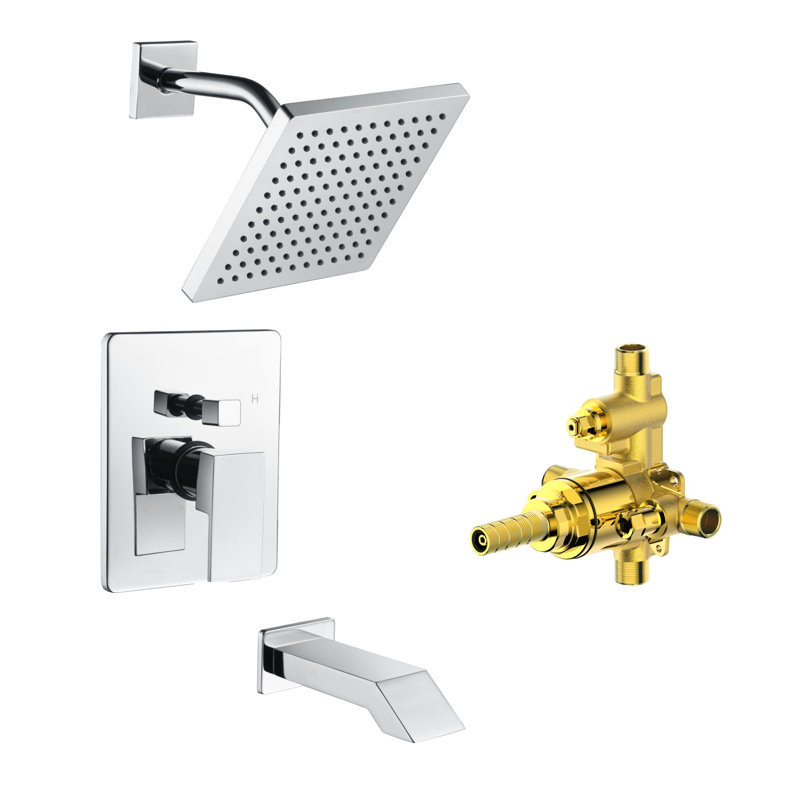 Icon Collection Shower System: 8" Square Rain Shower Head, Tub Spout, & Rough-in Valve Included - Chrome Polished