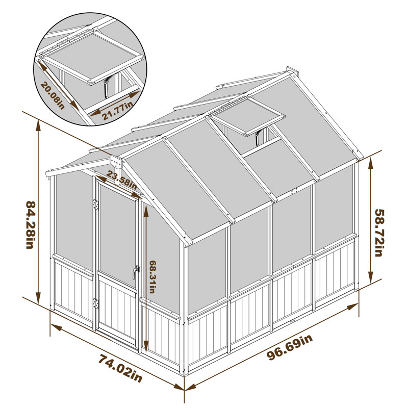Outdoor Wooden Polycarbonate Greenhouse 6x8Ft, 96.69" D