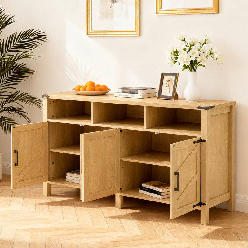 59" Modern Sideboard With Charging Station & 4 Doors, Adjustable Shelf Buffet Cabinet With USB Ports, Natural Wood