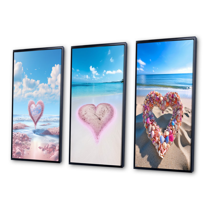 «Glorious Pink Heart On Tropical Beach I», 3 pièces sur toile, Cadre flottant noir, H 32 po x l 48 po