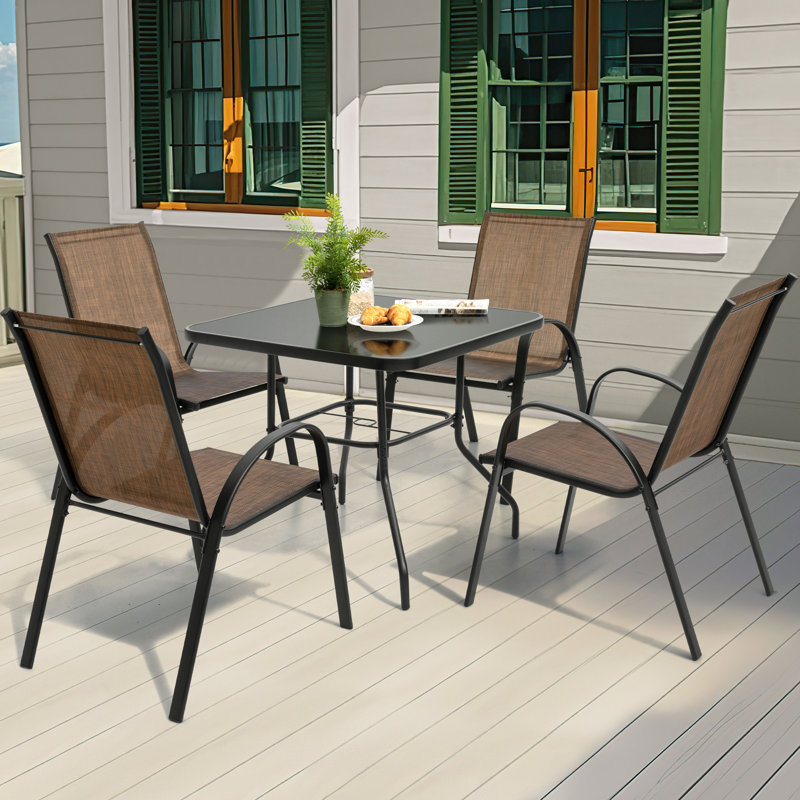 Ensemble repas 5 pièces pour l'extérieur, chaises empilables et trou pour parasol PVC-coated polyester