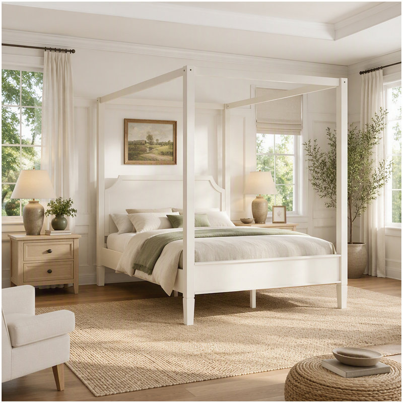 Queen Size Wooden Canopy Platform Bed with Headboard and Support Legs, Creamy White, Queen