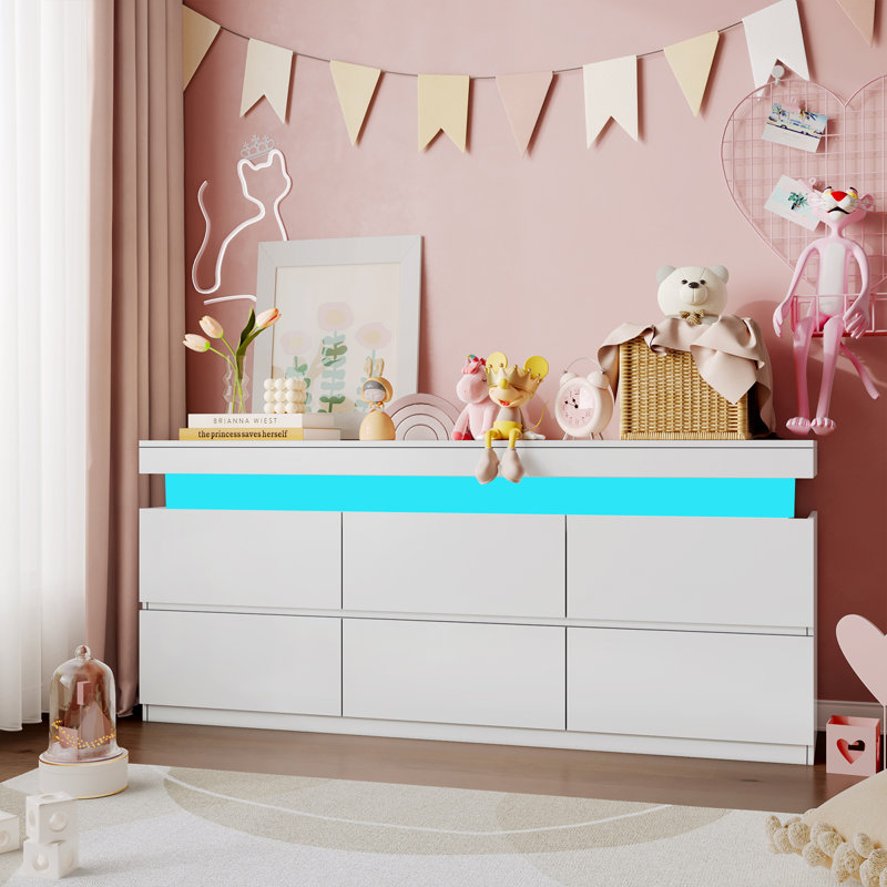 55" TV Stand With Drawers, Dressing Table 6 Drawer  With LED Light White, White