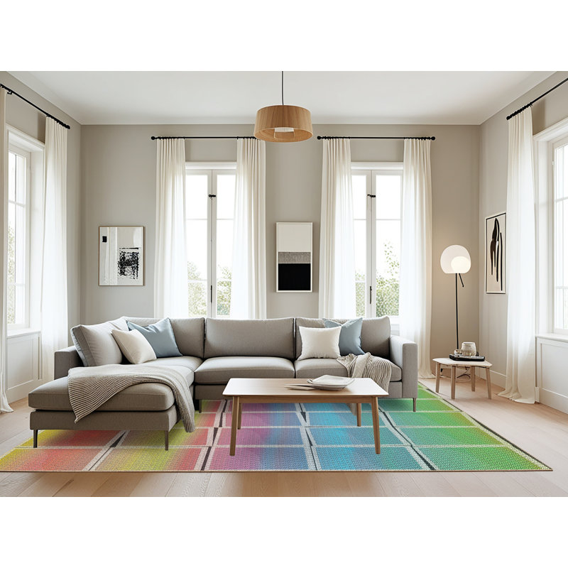 Tapis orange/bleu/zone jaune à motifs, Rectangle 8 pi x 12 pi
