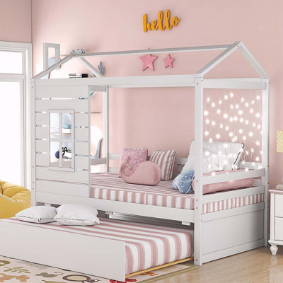 Twin Size House Bed Wood Bed with Twin Size Trundle ( White )
