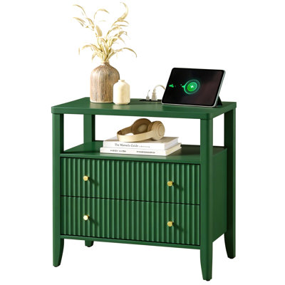 27'' Fluted Nightstand with Charging Station, 2-Drawer Bedside Table with Open Shelf and Solid Wood Legs