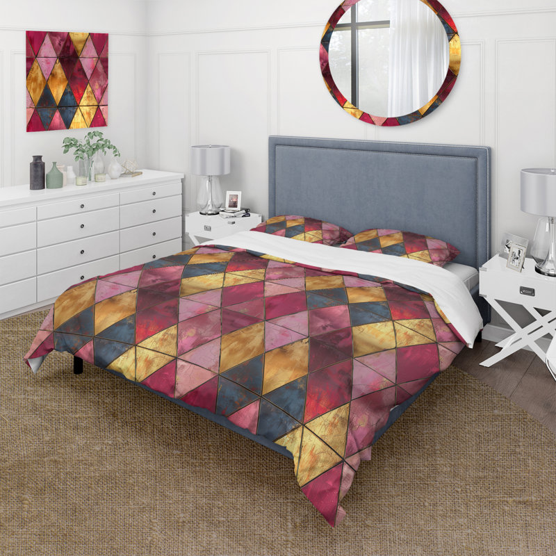 Ensemble de housse de couette rose doré Mid-Century Triangles Glam II - Mid-Century