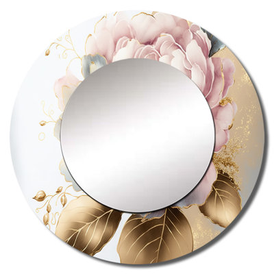 Rahmier Pink And Gold Camellia Flower I - Camellia Large Mirror, Traditional Round Decorative Wall Mirror, Printed Metal Art