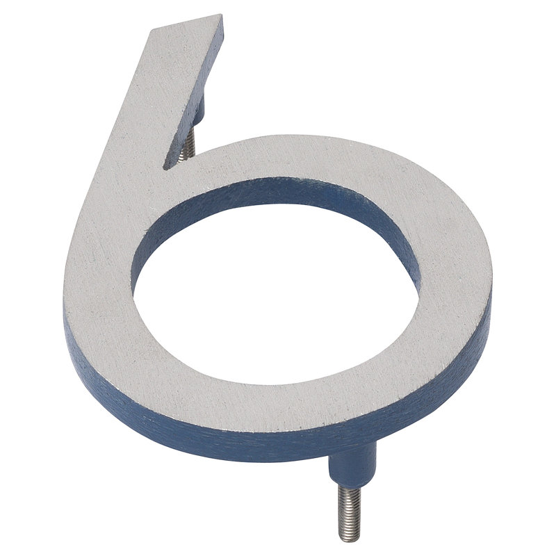 Numéro de maison à fixation flottante 6 po, 6, Nickel satiné / bleu océan