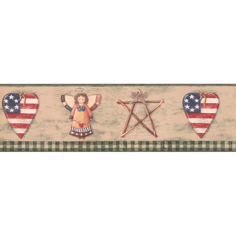 Bordure de papier peint abstrait L 15 pi x 7 po Amey Heart with American Flag