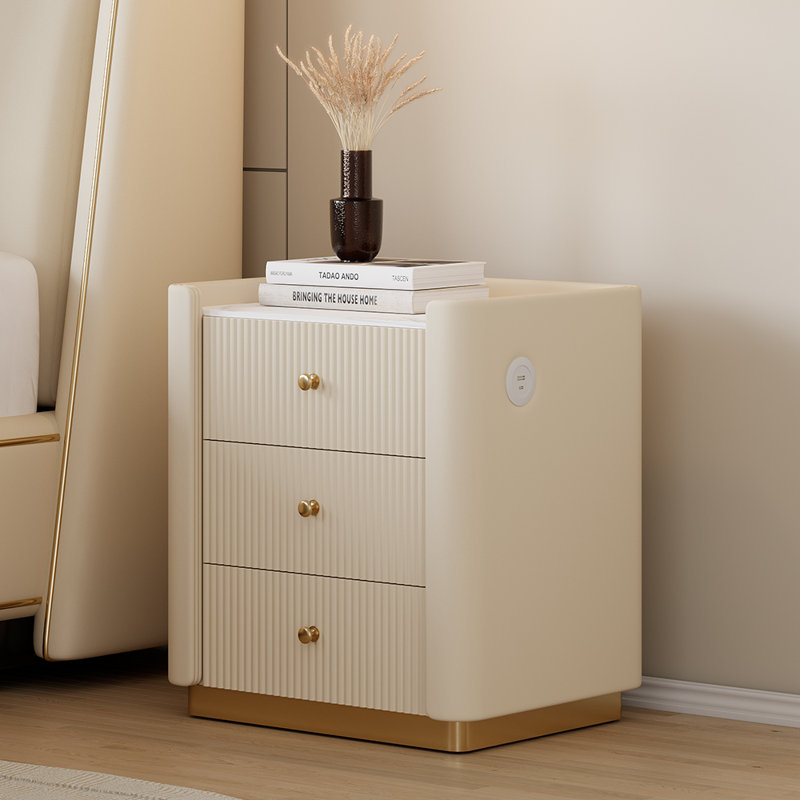 Vallux White Leather 3-Drawer Nightstand with Sintered Stone Top and USB Port
