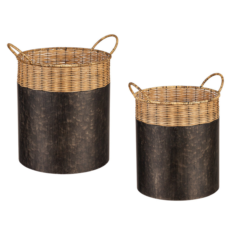 Panier en fer noir avec dessus en rotin, ensemble de 2 emboîtables