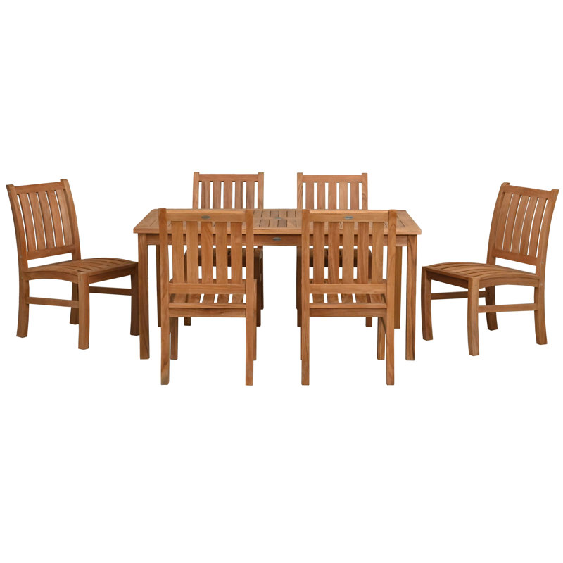 7 Piece Teak Wood Outdoor Patio Bistro Dining Set Including Rectangular Table With 6 Abaco Side Chairs