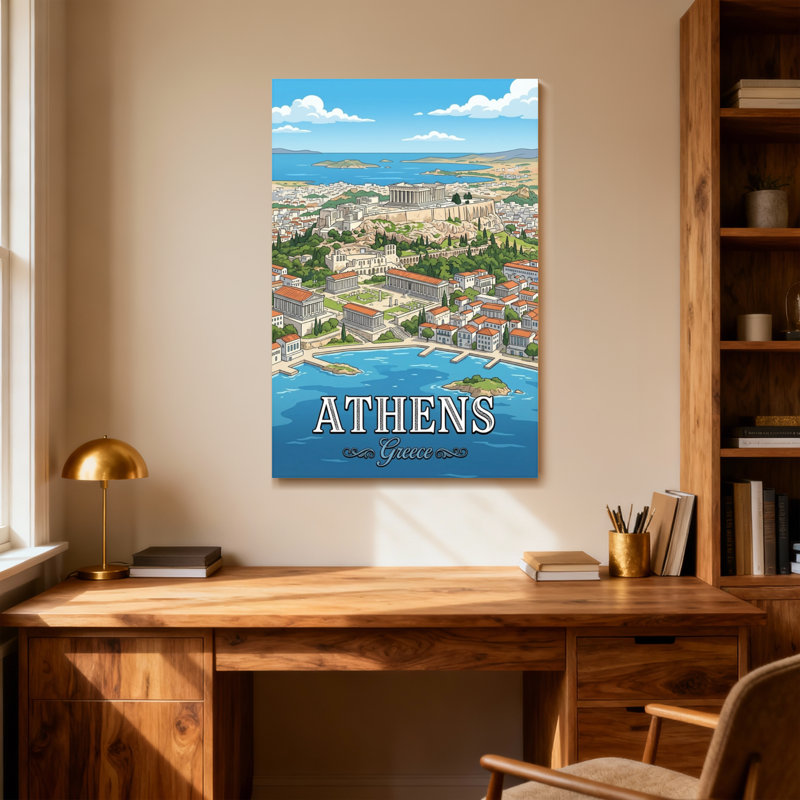 Scènes et paysages urbains Athènes, Grèce, paysage urbain, horizon, vue sur la mer, H 30 po x l 20 po