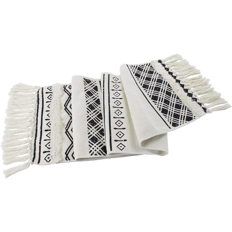 White And Black Modern Boho Woven Fringe Tassel Cotton Blend Table Runner 14" W X 71" L