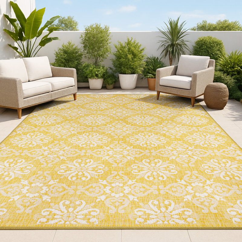 Duglas Traditional Mediterranean Tile Design Yellow/Cream Indoor/Outdoor Rug, Rectangle 5'3" x 7'7"