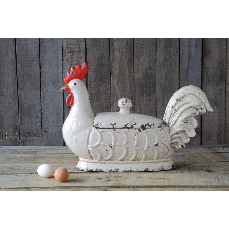 Decorative Stoneware Rooster Container with Lid and Distressed Finish