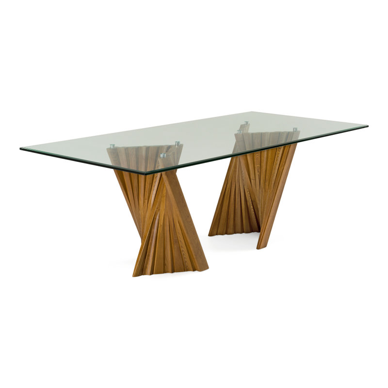 Avanicole Rectangular Glass Top with Solid Wood Base Dining Table, Walnut