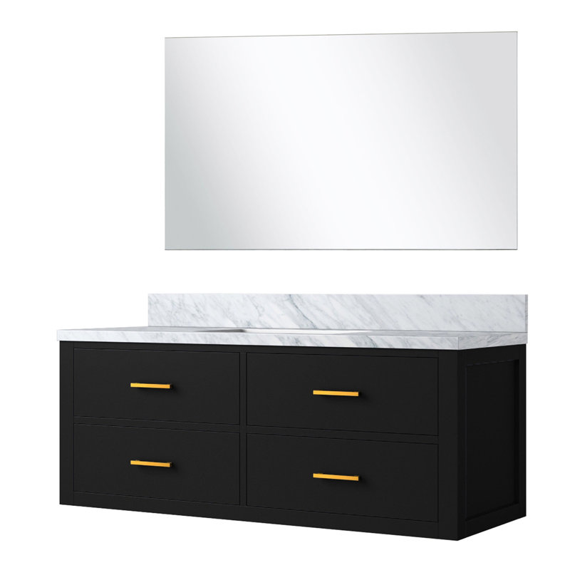 Meuble-lavabo noir avec comptoir en marbre Miroir - Armoire à fermeture en douceur, plateau de salle de bain simple en bois massif