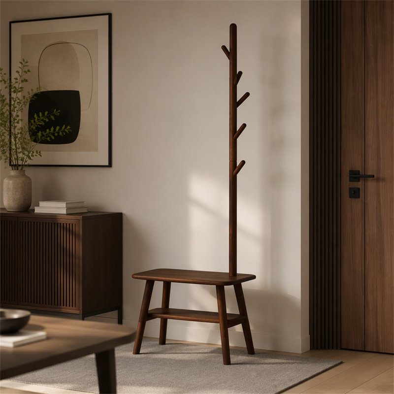 Banc de rangement en bois massif avec porte-manteau intégré pour une organisation efficace et des sièges confortables