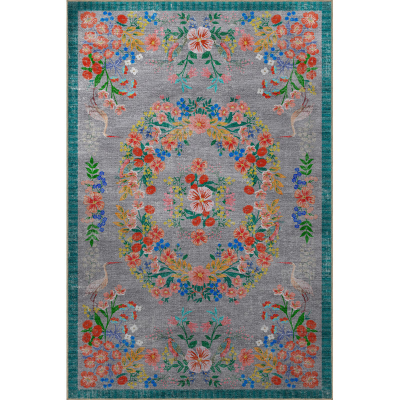 Floral Gray Themed Multi-Colored Floral Patterned Colorful Woven Base Rug, Rectangle 4'11.06" x 7'6.55"