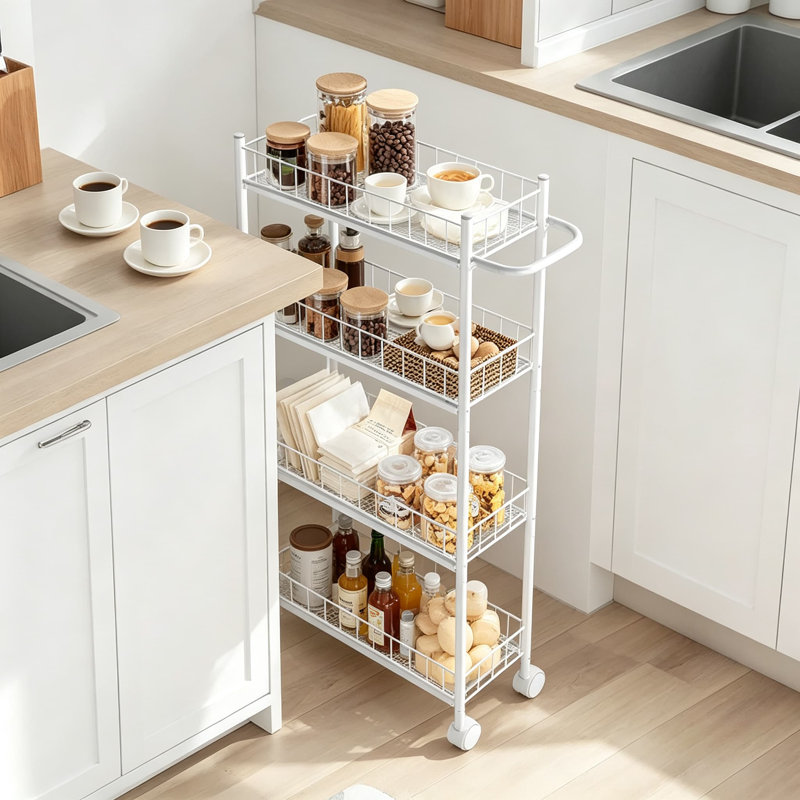 Chariot de rangement étroit et utilitaire avec poignée, idéal pour la cuisine, la buanderie, la salle de bain et le bureau. Structure métallique robuste, design compact, coloris brun rustique et blanc classique.