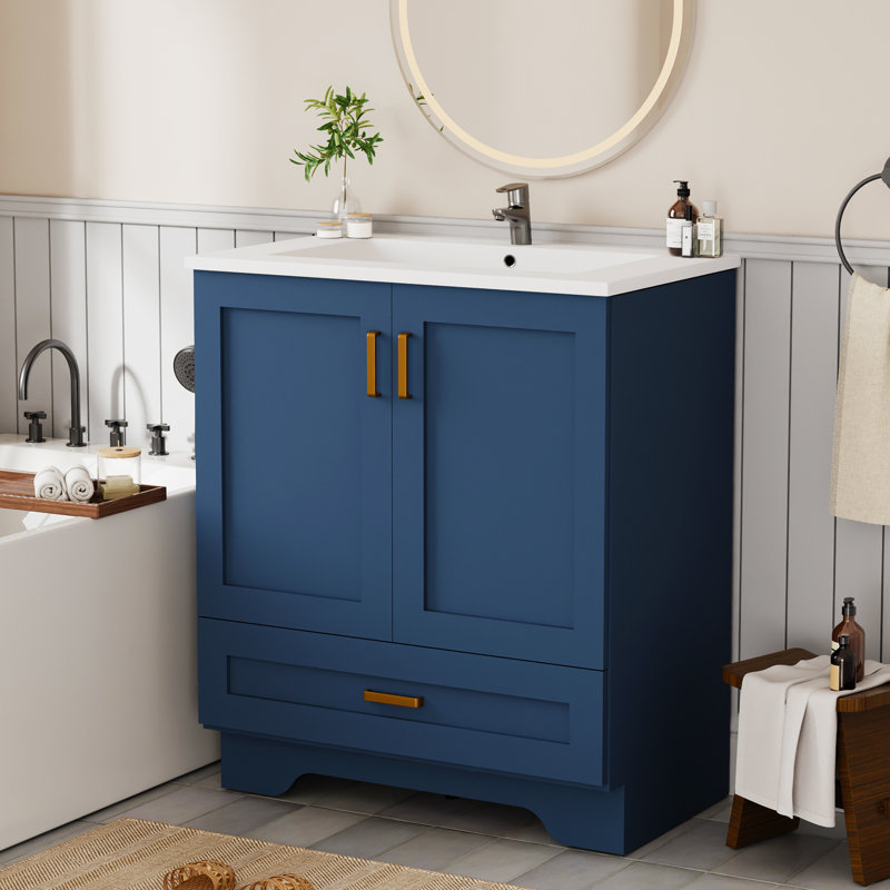 Meuble-lavabo à poser 30 po avec lavabo sur pied 30 po avec 2 portes et 1 tiroir, bleu, Blue, 30"