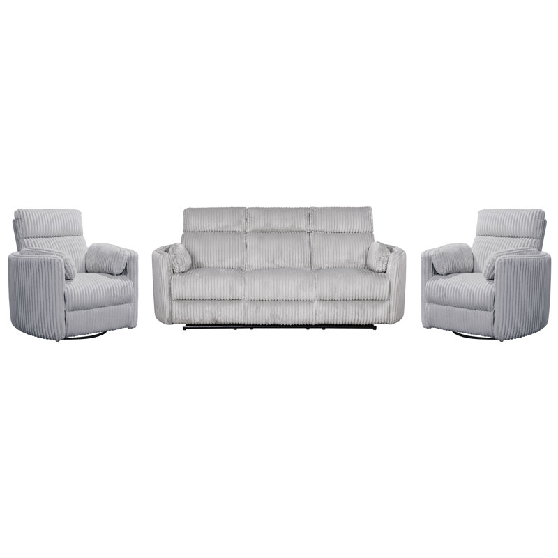 Bre Power Reclining Sofa and Two Recliners, Gray Corduroy