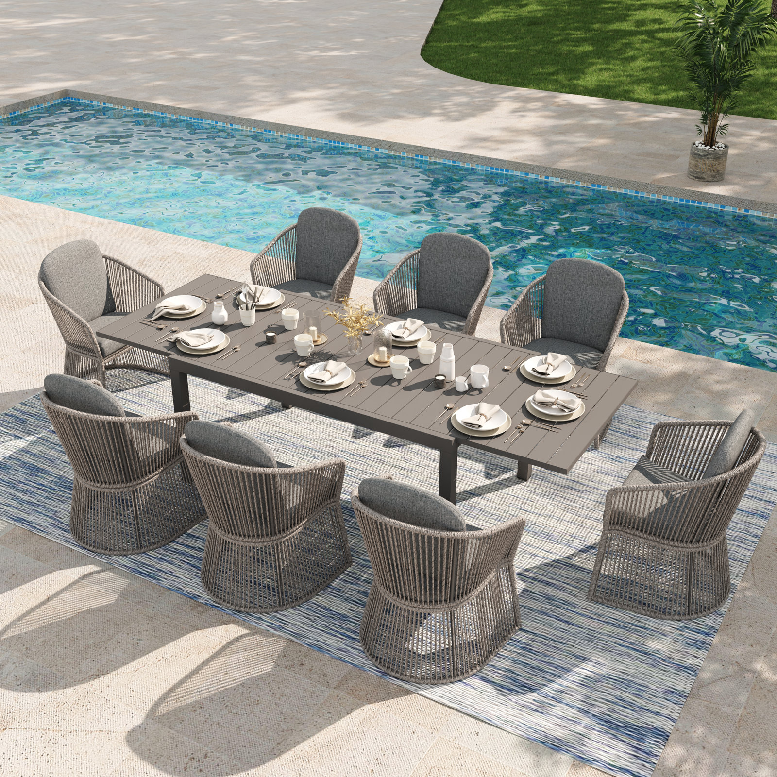 Blanche Rectangular 8-Person Outdoor Dining Set with Cushions, Dark Gray