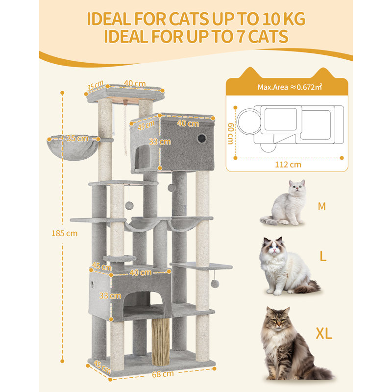 185 cm Large Cat Tree, XL Heavy Tall Cat Tower for Maine Coon, Multi-level Cats Climbing Tower with 2 Condos and 10 Sisal, 2 Hammocks