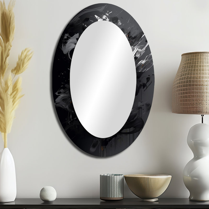 Exploration des profondeurs du marbre noir - Miroir décoratif abstrait ovale sur métal, 36 po x 24 po